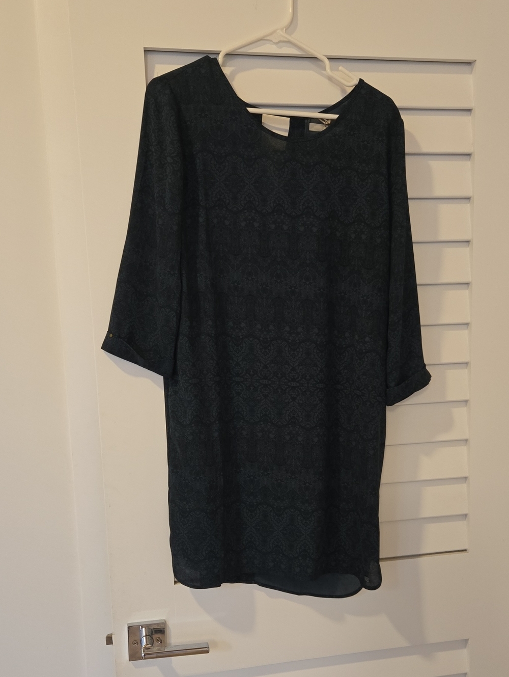 Women's Dark Teal Patterned Shift Dress - Long Sleeve